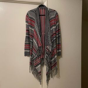 Almost Famous red/white/black cardigan kimono layering piece with fringe